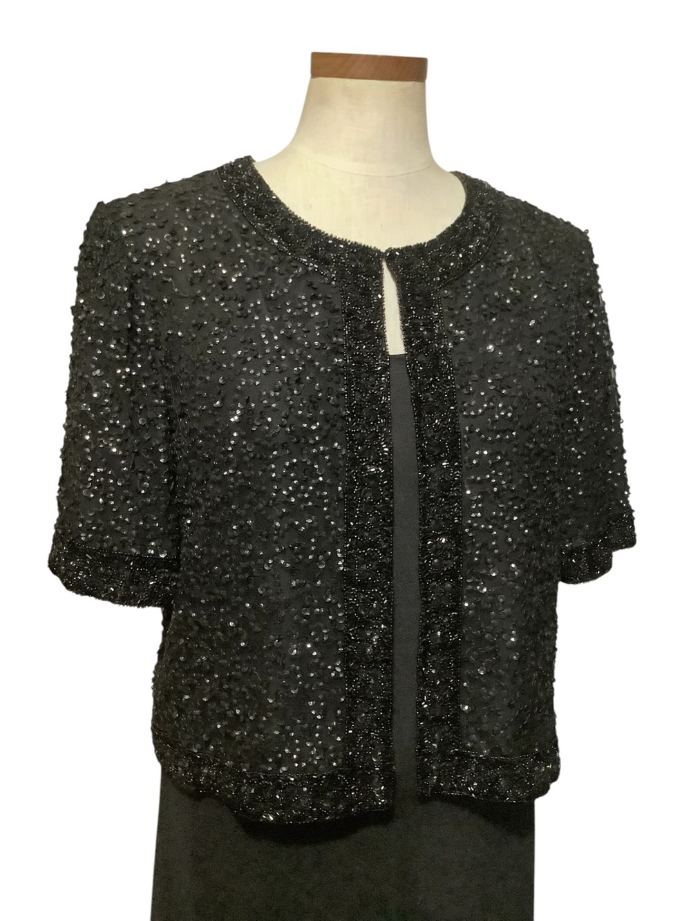 Laurence Kazar Beaded Sequined Silk Cropped Jacket Cardigan Black Sz L
